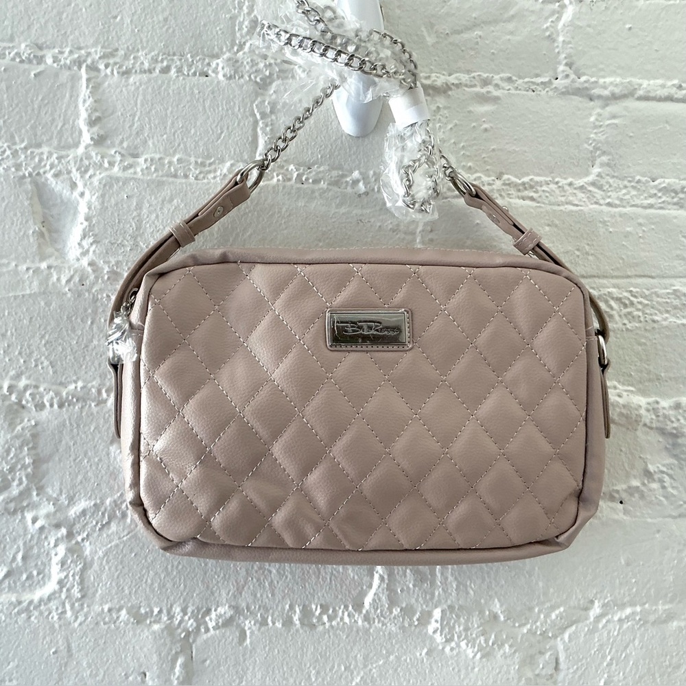 Bella Russo Quilted Crossbody Shoulder Bag Tan Diamond Stitch Chain Strap New